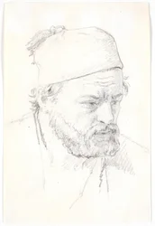 Portret van een bebaarde man, driekwartprofiel naar rechts, met fez