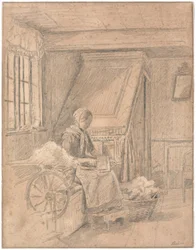 Boerenkamer met meisje dat wol kaardt