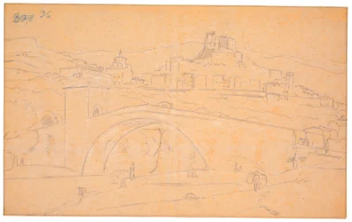 Italiaans landschap met een brug over een rivier en de stad Subiaco op de achtergrond