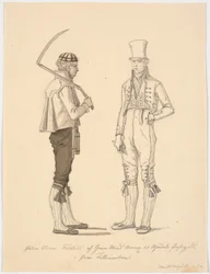 Staande boer met zeis en boer in stadsgewaad