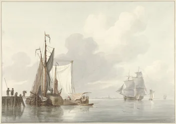 Riviergezicht met afgemeerde schepen