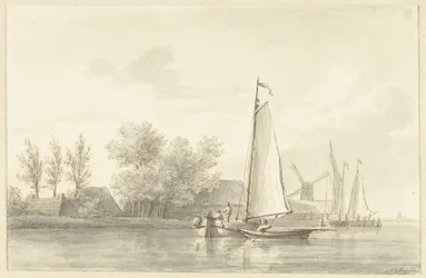Riviergezicht met zeilschip en roeiboot