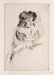 Margot, rustend met armen op de rugleuning van een stoel, c. 1903