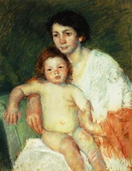 Naakte baby op de schoot van haar moeder, met haar rechterarm rustend op de rugleuning van de stoel, 1913