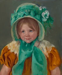 Sara in een groene bonnet