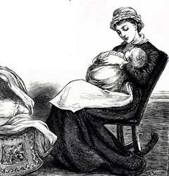Een gravure die een moeder toont die haar baby wiegt. Geïllustreerd door Mary Ellen Edwards (1838-1934) een Engelse kunstenares en productieve illustrator van kinderboeken