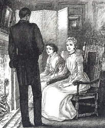 Gravure die twee vrouwen toont die zich warm houden bij de open haard