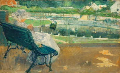 Lydia zittend op een veranda, aan het haken, ca. 1881