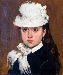 Portret van een jonge vrouw met een witte hoed