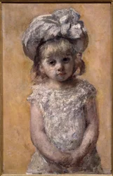 Portret van meisje in kanten jurk. Portret van een klein meisje in een witte jurk kijkt verdrietig. Schilderij door de Amerikaanse Mary Cassatt (1844-1926)