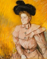Vrouw met een zwarte hoed en een framboosroze kostuum, ca. 1899