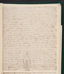 Elizabeth Gwillim aan haar schrijftafel, schets in een brief aan Hester James, 7 februari 1802 (inkt op papier)