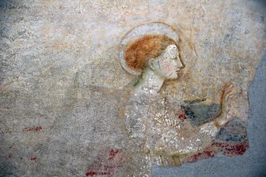 Fresco van Masolino da Panicale in het Baptisterium van Castiglione, detail van de Annunciatie