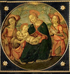 Maagd die het kind aanbidt met Johannes de Doper en twee engelen (schilderij op hout)