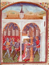 Moord op een koning. Miniatuur uit “Cases of noble men and women unfortunes” (De casibus) van Giovanni Boccaccio, genaamd Jean Boccaccio (1313-1375), Italiaans schrijver, vertaald door Laurent de Premierfait en verlucht door de Meester van Dunois (15e eeuw