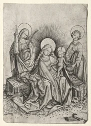 Madonna en kind in een tuin tussen St. Barbara en St. Dorothea