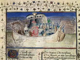 Brutus de Trojaan Vertrekt naar Groot-Brittannië, uit De Geschiedenis van de Koningen van Groot-Brittannië door Geoffrey van Monmouth (1100-54)