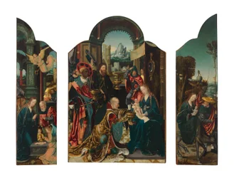Een drieluik: het centrale paneel: De Aanbidding der Koningen; de linkervleugel: De Geboorte; de rechtervleugel: De Vlucht naar Egypte