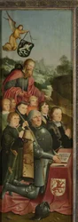 Gedenkplaat met Acht Mannelijke Portretten, waarschijnlijk Willem Jelysz van Soutelande en Familie, met Sint Jacobus de Meerdere en het Van Soutelande Familie Wapen, binnenvleugel van een altaarstuk