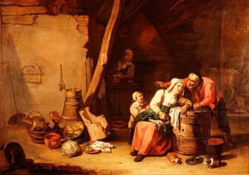 Een schuur met een boer die een oude dame wakker maakt