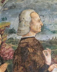 Italië, Piëmont, provincie Alessandria, Serralunga di Crea, Sacro Monte di Crea, Heiligdom van Santa Maria Assunta, Kapel van St. Margaretha van Antiochië, Portret van Guglielmo VIII Paleologo, Markies van Monferrato, Fresco