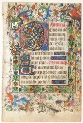 Blad uit een getijdenboek: Gedecoreerde initiaal D[eus] met gebladerde rand (Opening van Terts: Uren van de Heilige Geest)