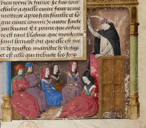 Jacques de Voragine predikt, detail van een miniatuur uit het frontispice van een manuscript van de Gouden Legende.