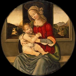 De Madonna en het kind, een landschap daarachter (olieverf op paneel)