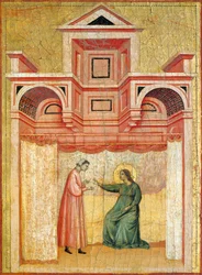 Cecilia overtuigt haar man Valeriaan tot de doop, detail (altaarstuk met de Legende van Sint Cecilia, ca. 1304, door Meester van Sint Cecilia, tempera op paneel en bladgoud, 85x181 cm)