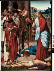 Episode uit het leven van Sint Jan evangelist: Het wonder van de beker met gif (Leven van Sint Jan evangelist, Sint Jan drinkt een beker met gif) Schilderij door de meester van San Giovanni evangelista (einde 15e eeuw) Dim 120x90 cm Genua