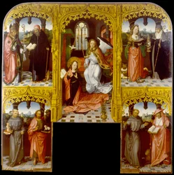De annunciatie met Sint Lazarus en Antonius Abt, Catharina van Alexandrië en Chiara, Antonius van Padua en Johannes de Doper, Franciscus en Hiëronymus