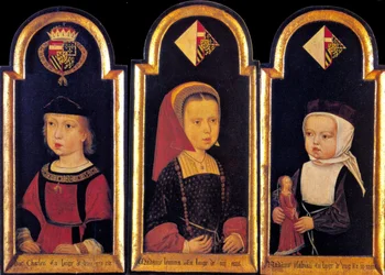 Aartshertog Karel, de latere Heilige Roomse Keizer Karel V., met zijn zussen Eleonora en Isabella op de leeftijd van 2 jaar