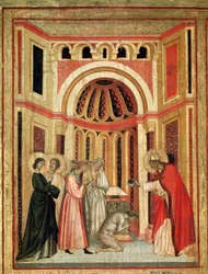 Sint-Cecilia en haar levensverhaal (detail): Bisschop Urbanus doopt Tiburtius, broer van Valerianus