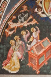 "Hemelvaart van de Maagd" en "de Maagd Maria laat de gordel of Heilige Riem vallen naar St. Thomas", detail van apostelen, ca. 1420 (fresco)