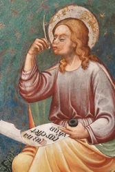 "St. Mattheüs de Evangelist" schrijft "Cum natus esset Yhesus", c.1420 (fresco) Detail, c.1420