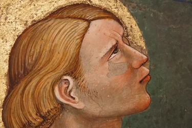 "Pinksteren", detail met een biddende heilige, ca. 1420 (fresco)