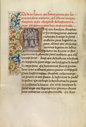 Initial A: Het lichaam van de heilige Antonius vervoerd naar Constantinopel en de genezing van twee lepralijders na het aanraken van het lichaam van de heilige