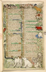 Kannibalen, een ommuurde stad en exotische dieren, uit een Verhandeling over de Deugden en Ondeugden, en een anonieme prozageschiedenis van Sicilië