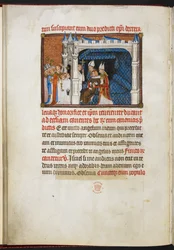 Cotton Tiberius B. VIII f.44v De bisschoppen van Reims en Beauvais heffen de koning op van het thalamus, uit 