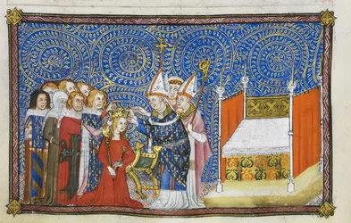 Cotton Tiberius B. VIII f.69v De aartsbisschop van Reims plaatst de kroon op het hoofd van de koningin en de baronnen ondersteunen haar kroon, illustratie uit 