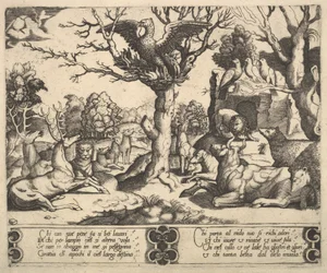 Een feniks zat bovenop een boom, vleugels open, een verscheidenheid aan dieren eronder, 1530-60