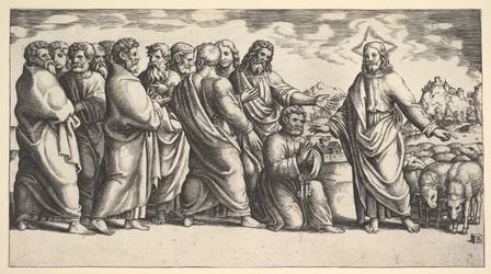 Christus wijst naar een kudde schapen, voor hem knielt St. Peter, 1530-60