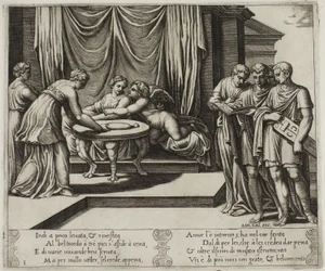 Andere nimfen die Psyche aan tafel bedienen