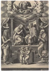 De kroning van de Maagd, linksonder staat de heilige Johannes de Doper, rechtsonder..., 1530-60.