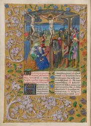 Temporale (1e deel: van Eerste Zondag van Advent tot Stille Zaterdag). De Kruisiging (Goede Vrijdag). Rand met bloemendecoratie. Twee kolommen tekst met twee initialen.