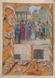 Temporale (1e deel: van Eerste Zondag van Advent tot Stille Zaterdag). Christus verdrijft een stomme duivel (Derde Zondag van de Vasten). Rand en twee kolommen tekst, met initialen.