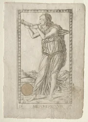 Melpomene tragedie uit de Tarocchi-serie D: Apollo en de Muzen, #17, voor 1467