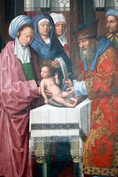 Evora Museum. Meester van het Evora altaarstuk. De besnijdenis van Christus. Olie op paneel. Vlaamse school 1500. Portugal.