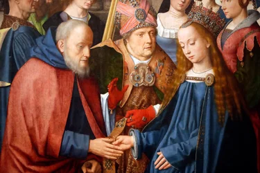 Evora Museum. Meester van het Evora altaarstuk. Het huwelijk van de Maagd en Jozef. Vlaamse school 1500. Portugal.