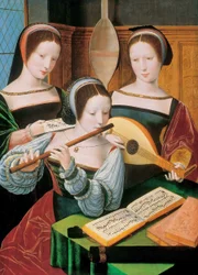Nederlands: Musicerend gezelschap Vrouwelijke Musici / Drie musicerende dames